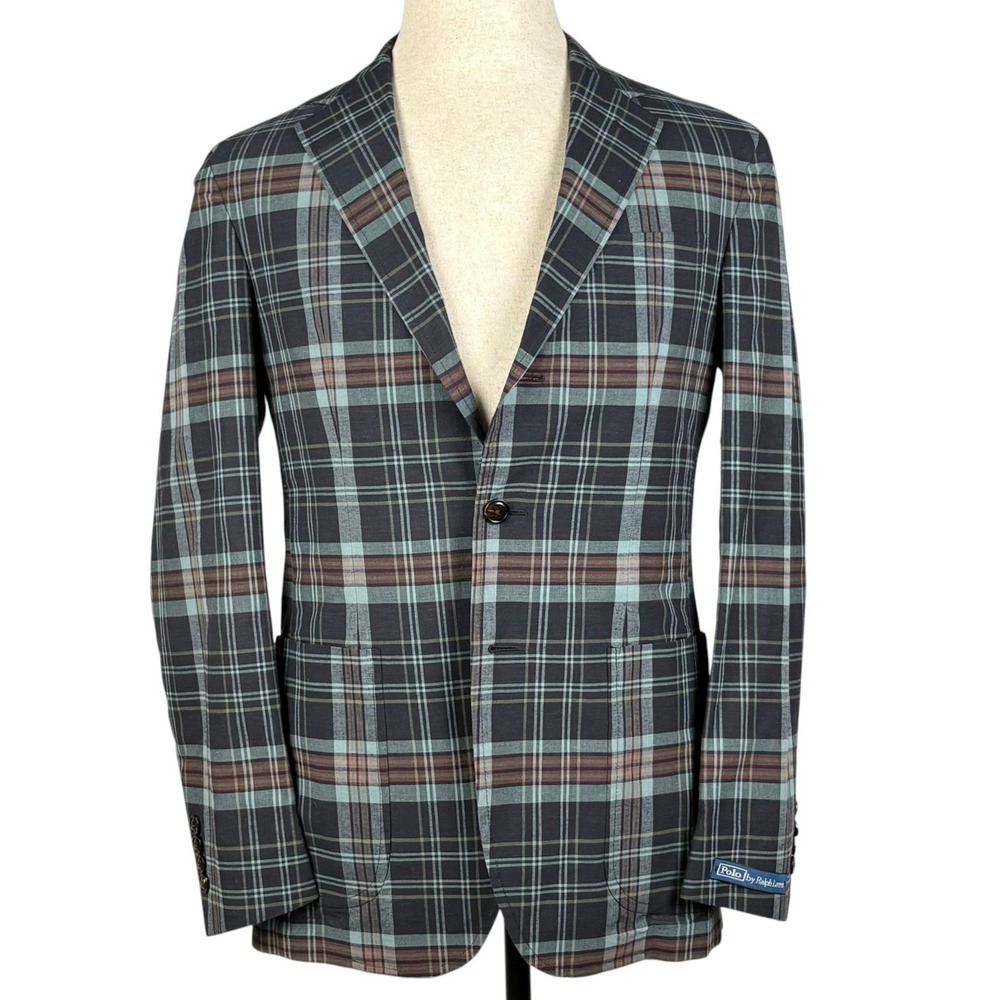 Polo Ralph Lauren Soft Tailored Sport Coat Mens 38R Navy Plaid Suit Jacket NEW